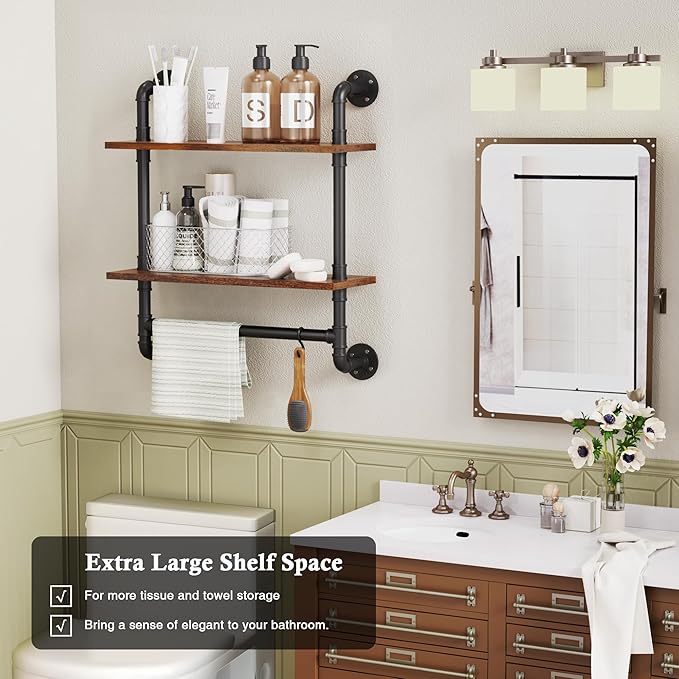 Merapi 24" Industrial Floating Shelves with Tower Bar, Pipe Shelves for Wall, 2 Tier Rustic Wood Wall Shelves for Home Décor,