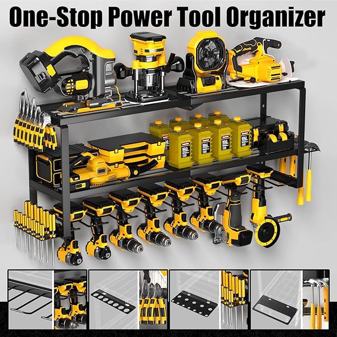 MOOMSINE Power Tool Organizer Wall Mount, Heavy Duty Metal Tool Storage Rack Loads 320lbs, 8 Cordless Drill Holder 3 Layer fo