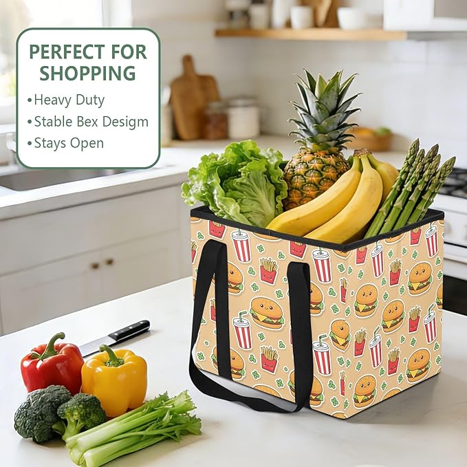 Kawaii Fast Food Reusable Grocery Bags Large Shopping Tote Bag with Reinforced Bottom Board, Water Resistant Foldable Storage