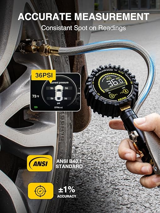 AZUNO Tire Pressure Gauge, 255PSI Digital Tire Inflator Gauge Air Chuck Air Compressor Attachments, with Steel Braided Hose, Quick Connect Coupler&Carrying Case, for Truck/Car/SUV/RV/Bike