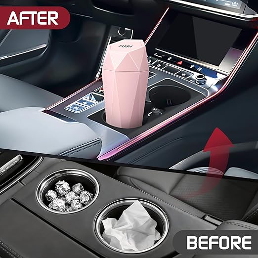 Car Trash Can with Lid, Mini Car Trash Cup with 30 Additional Trash Bags, Car Accessories for Interior, Leakproof Vehicle Garbage Bin for Car, Home, Office - 2 Packs, Pink