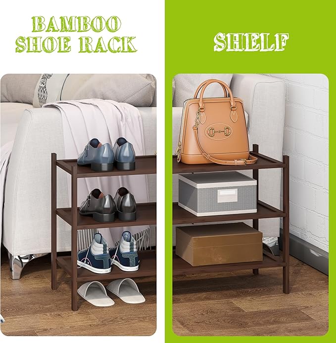 BMOSU 3-Tier Bamboo Shoe Rack Premium Stackable Shoe Shelf Storage Organizer for Hallway Closet Living Room Entryway Organize