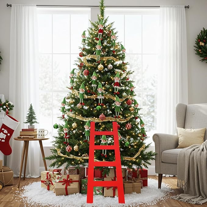 Jenaai 39 Inches Christmas Red Wooden Ladder Christmas Tree Decoration Santa Climb Ladder Assemble and Disassemble Rustic Dec