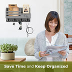 Key Holder Wall Mount, Wooden Adhesive Mail and Key Organizer with Drawer, Small Shelf, 8 Hooks, 2 Installation Methods, Gray