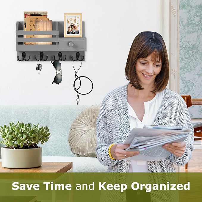 Key Holder Wall Mount, Wooden Adhesive Mail and Key Organizer with Drawer, Small Shelf, 8 Hooks, 2 Installation Methods, Gray