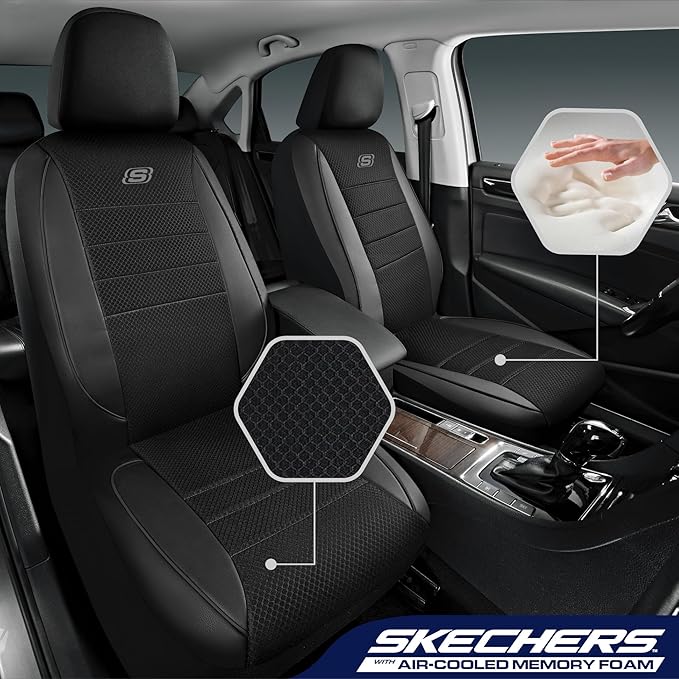 Skechers Air-Cooled Memory Foam Seat Covers,Mesh Thick Car Seat Covers,Piping Leather Car Seat Cover,Airbag Compatible,Automo