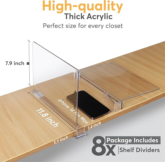 8 Pack Acrylic Shelf Dividers for Closet 11x7.9 Inch – Acrylic Dividers for Shelves Clear Closet Shelf Separators for Purses,