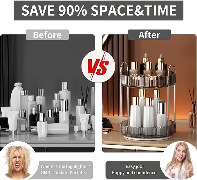 YCIA&DONE 360 Rotating Makeup Organizer and Storage for Vanity Countertop 2 Tiers, High Capacity Cosmetic Skincare Perfume Or