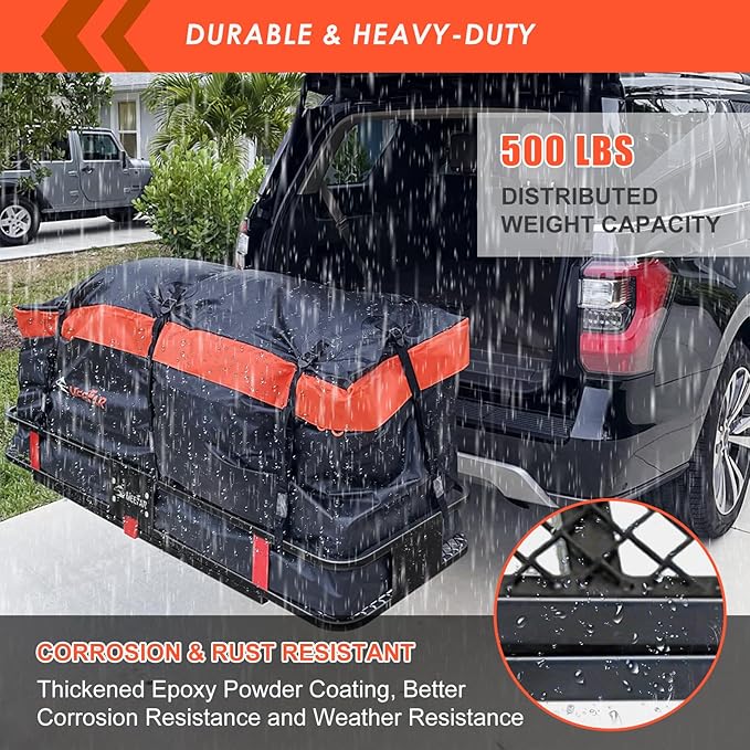 Hitch Mount Cargo Carrier Basket 60"*25"*6"+Waterproof Bag 25 Cubic Feet(60"*24"*31"),and Cargo Net with Attachment Hooks,Ratchet Straps,Hitch Stabilizer.500 Lbs Capacity,foldable,fit 2" Receiver