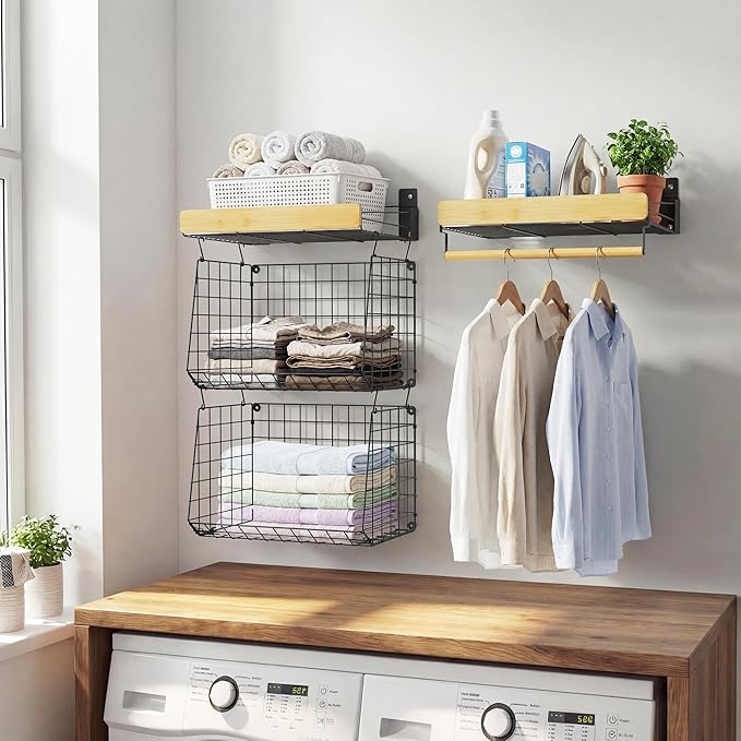 Wall Mounted Laundry Room Shelves, Wire Baskets with 8 Hooks and Hanging Rod, Over The Washer and Dryer Shelf, Drying Rack, L