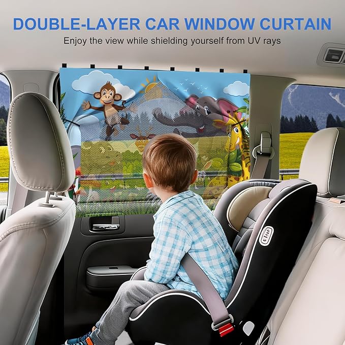 Car Window Shades with 8 Magnets-26.8"x19.7" Car Rear/Side Window Sunshade for Baby Semi-Transparent 2-in-1 Universal Auto Sun Shade for Kid & Pet Protection (2 Pack) Grassland Animal