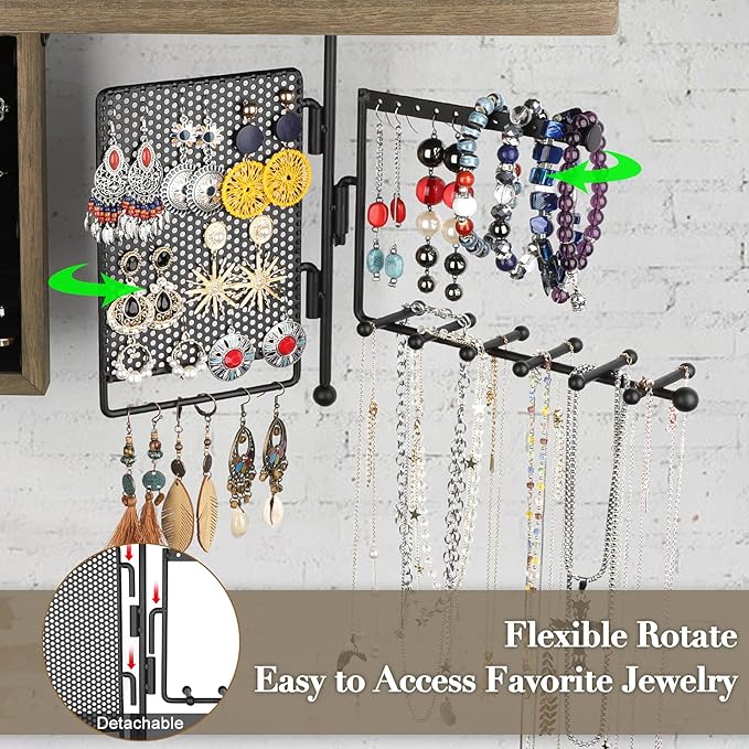 SOLIMINTR Hanging Jewelry Organizer Wall Mount Holder with Rustic Wood Shelf, Ring Display Box, Ear Studs Earring Holder, Rot