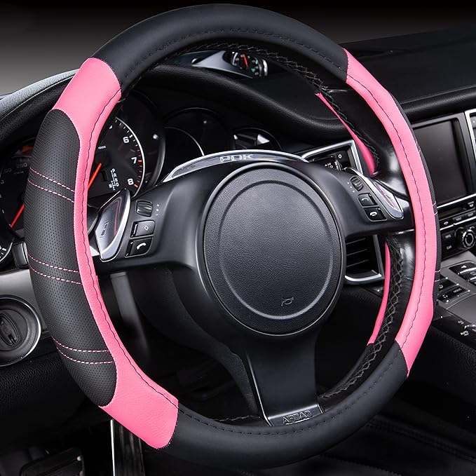 CAR PASS Line Rider Microfiber 14 Inch Leather Sporty Steering Wheel Cover Universal Fits for 95% Truck,SUV,Cars, Anti-Slip S