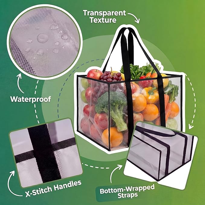 Paterr 8 Pack Reusable Grocery Bags, Heavy Duty Shopping Bags with Reinforced Bottom & Handles, Water Resistant Foldable Clear Storage for Groceries Market Car Trunk Multi-purpose, 14.6 x 10 x 10 in