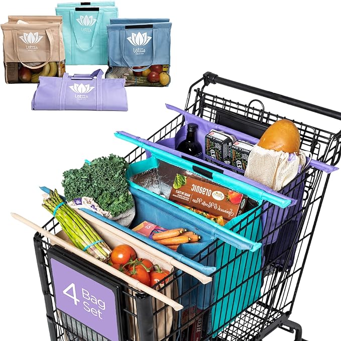 Lotus Original Trolley Reusable Shopping Bags (4-Pack) – Detachable & Reusable Grocery Bags Foldable with Insulated Grocery Bag & Egg/Wine Holder – Washable Shopping Totes to Save Time & Easy Storage