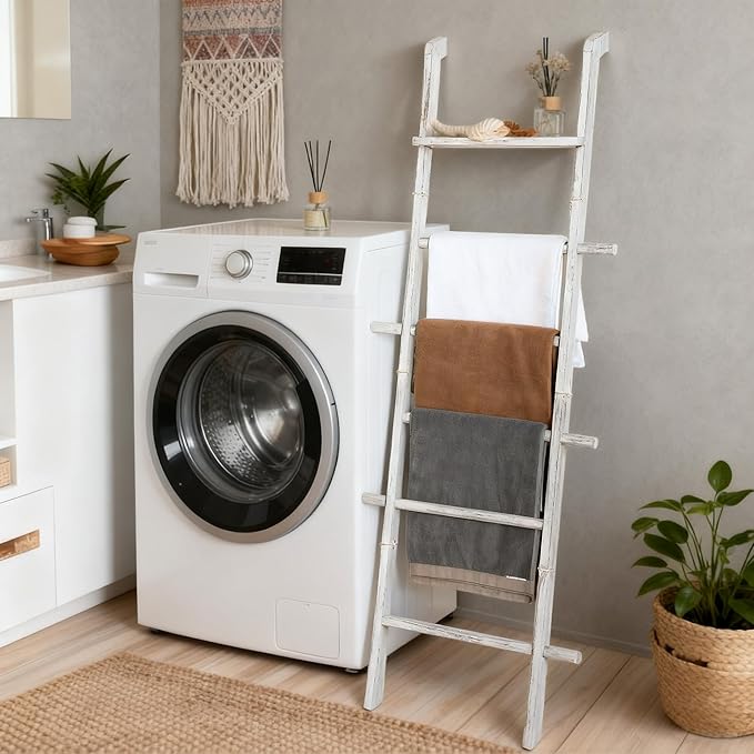 Wash White Wood Blanket Ladder with Top Shelf for the Living Room, 67in Decorative Blanket Holder, 5 Tier with Side Hooks for