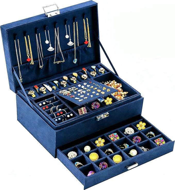QBestry 3-Layer Jewelry Box for Women with Lock and Key & Drawer, Large Jewelry Organizer with 8 Necklace Hooks & 56 Earring 