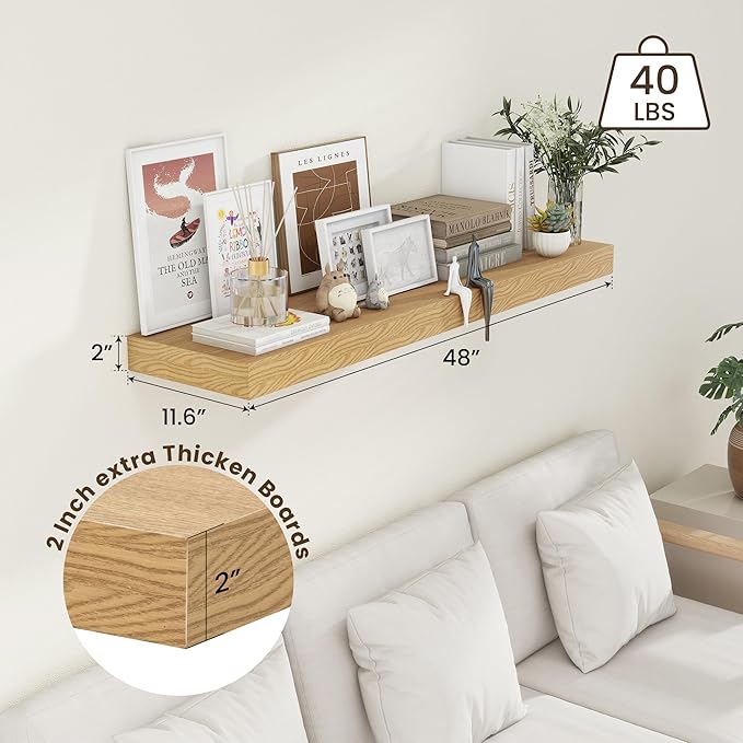 48 Inch Oak Floating Shelf | 12 Inch Deep Floating Shelves Set of 1 | 48" D x 12" D Rustic Wood Shelves for Wall | Deep Oak S