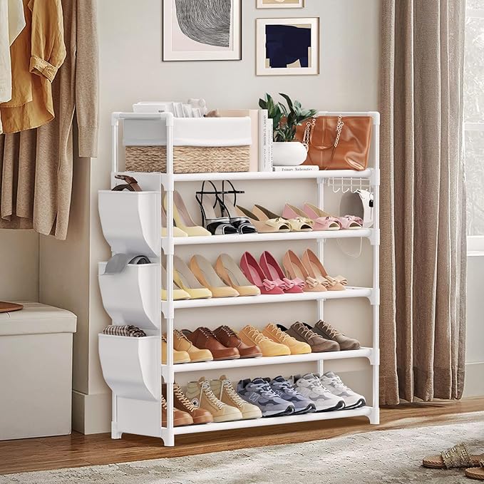 VILICK Shoe Rack for Closet Shoe Organizer Space Saver Storage for 20-25 Pair Shoe Shelf with Hook and Side Pocket Free Stand