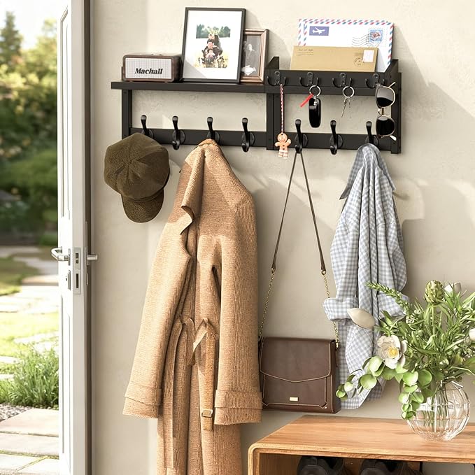 29'' Black Coat Rack Wall Mount with Shelf, Solid Wood Coat and Key Hanger with 11 Metal Hooks, Farmhouse Wall Organizer for 