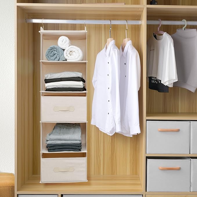 Large Hanging Sweater Organizer for Closet,Collapsible 6-Shelf Hanging Closet Shelves with Drawers, Washable (Beige -5 Shelf-