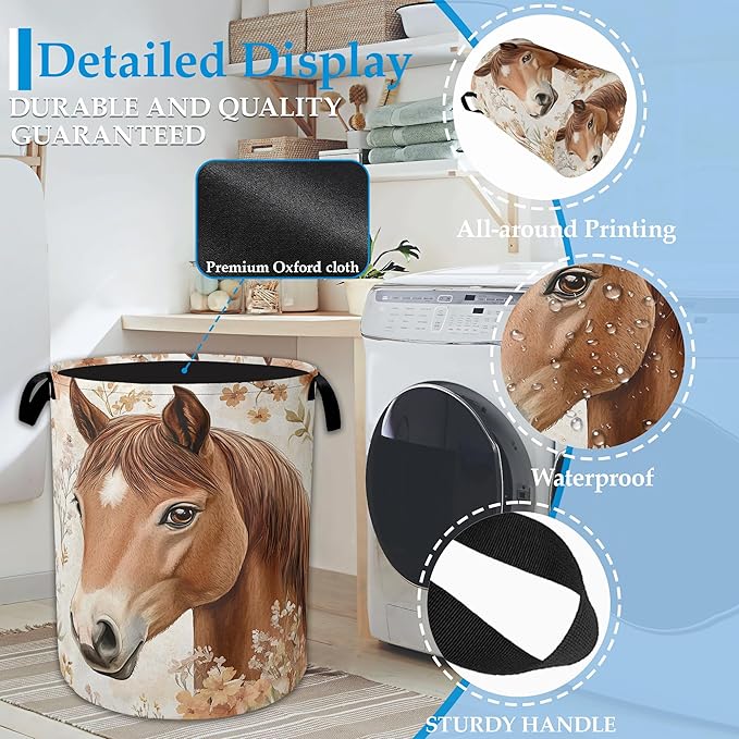 Horse Flowers Laundry Basket Collapsible Laundry Hamper Oxford Storage Bin for Clothes Storage, Toy Organizer, Books and Sund