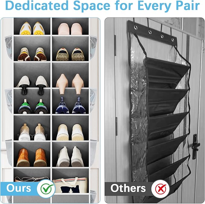 Yecaye 8 Tier Over the Door Shoe Organizer of Deep 16 Compartments, 50lbs Load Shoe Rack for Door in Oxford Holds 16-24 Pairs
