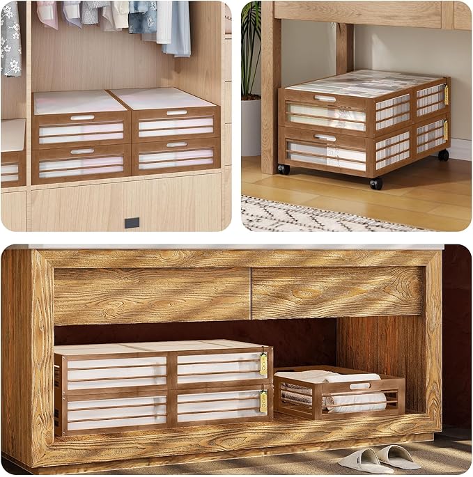 Bamboo Underbed Storage Containers with Wheels & Bag 2 Pack, Large Under Bed Rolling Storage Bins Wood Under Bed Clothes Stor