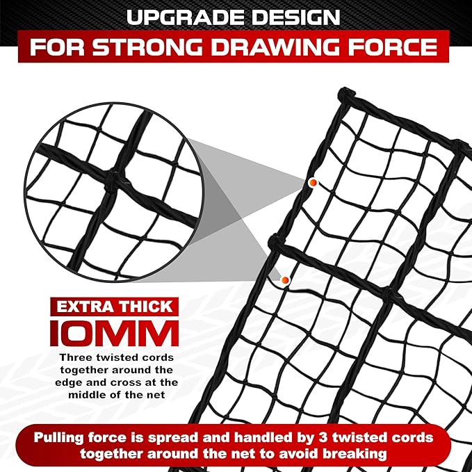 [Premium] 4'x6' Heavy Duty Cargo Net Stretches to 8' x 12', Extra Thick 10mm Cord Bungee Cargo Netting for Pickup Truck Bed, Roof Rack Net & 12 PCS Steel Carabiners