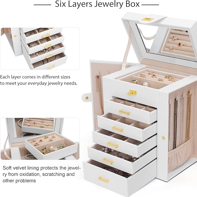 AKOZLIN Functional 6-Tier Jewelry Box Organizer with 5 Drawers Leather Jewelry Storage Case for Women Girls Ring Necklace Ear