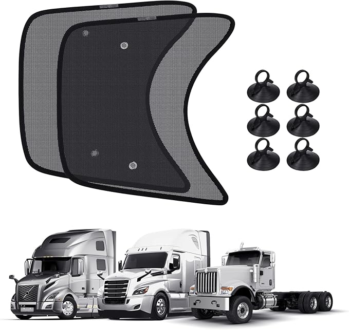 KUST 2PCS 23.6''*21.6'' Side Window Shade for Semi Truck, Peterbilt 389, Volvo VNL, Freightliner Cascadia, Freightliner Argosy - Mesh Sunshade with Suction Cup - Semi Truck Accessories for All Season