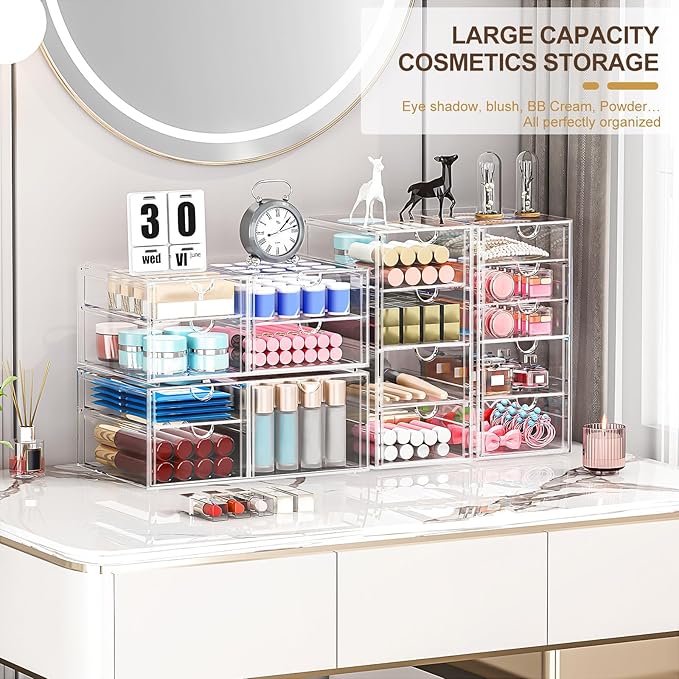 Makeup Organizer Storage with 16 Drawers, 4 Pcs Desktop Office Supplies, Desk Organizers, Clear Accessories, Dustproof Storag
