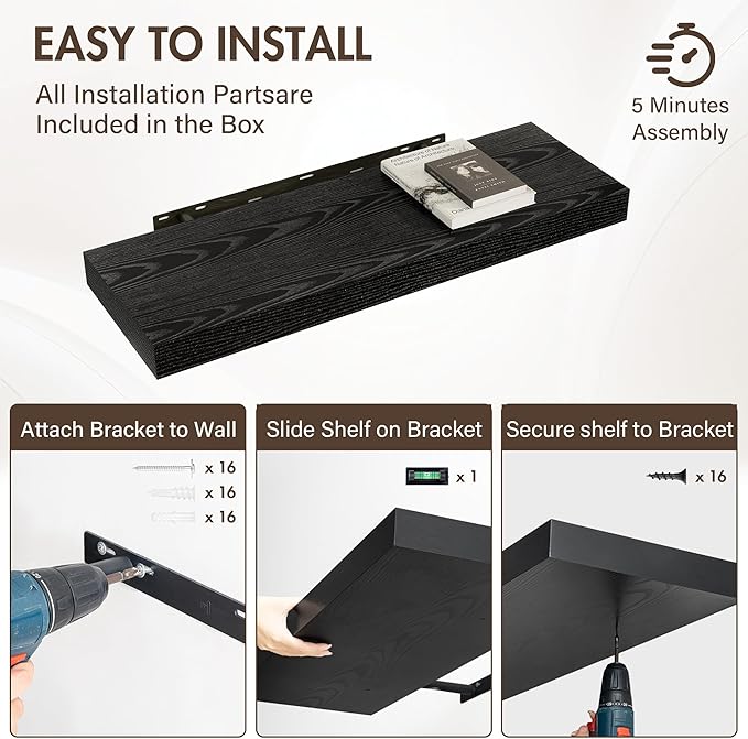 36 Inch Floating Shelves, 12" Deep Floating Shelf Wall Mounted, 36" Wall Shelves, Rustic Deep Bookshelf, Extra Deeper & Thick