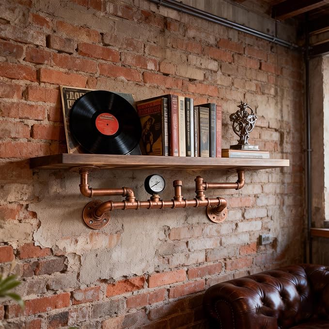 31.5 Inches Wide Carbonized Pine Wood Wall Shelf - Premium Nordic Pine & Cast Iron Wall-Mounted Rack Rutic Storage Shelf for 