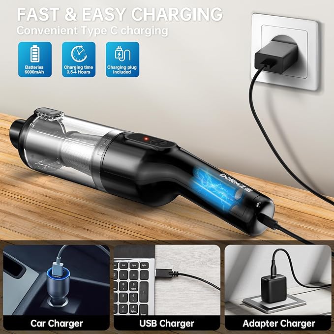 Handheld Vacuum Cordless, Car Vacuum with 16000Pa Powerful Suction, Lightweight at 1.3 lbs, Type-C Charge, Multiple Accessori