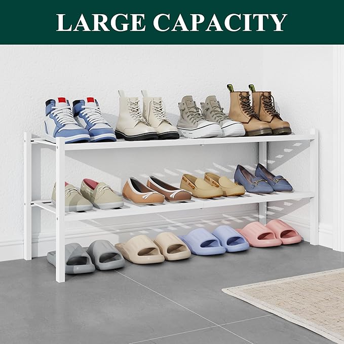Smiry Bamboo Shoe Rack for Closet, 2 Tier Long Wooden Stackable Shoe Organizer, Free Standing Shoes Storage Shelf for Entrywa