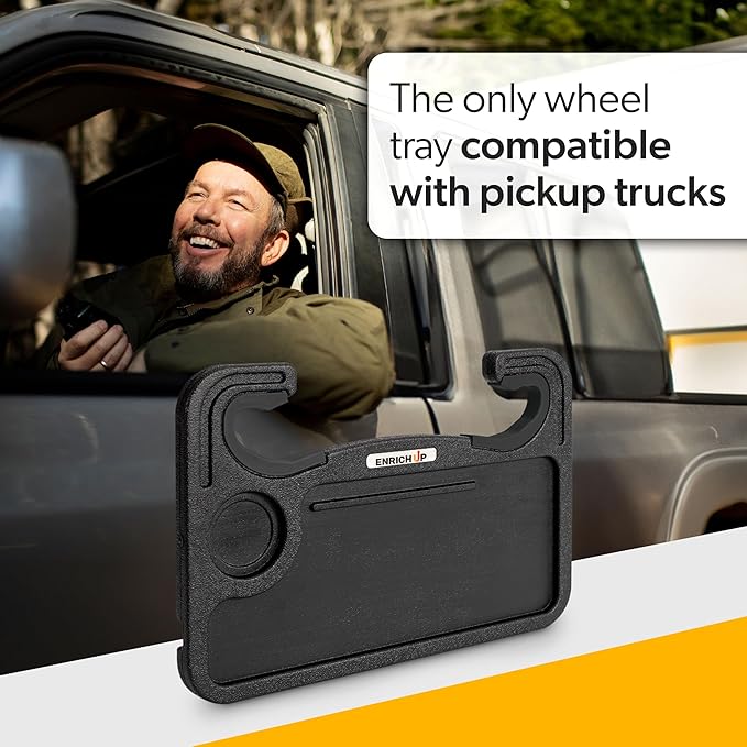 ENRICH UP 2-in-1 Car Steering Wheel Tray - Steering Wheel Desk for Laptop, Multipurpose Car Table for Eating & Work, Adjustable Car Food Tray with Silicone Rings (Black Limited)