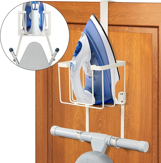 ORLESS Over The Door/Wall Mount Ironing Board Hanger, Laundry Room Iron and Ironing Caddy Board Storage Holder White