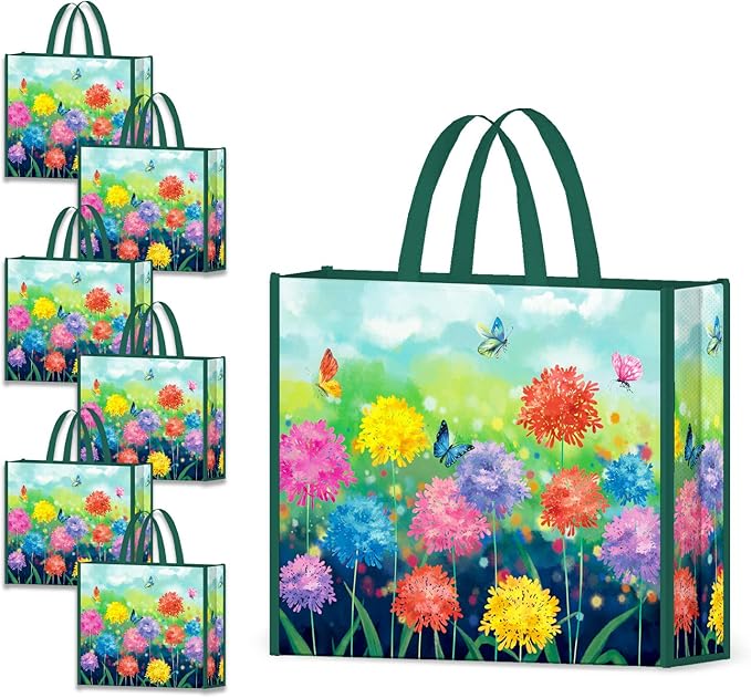 NymphFable 6 Pack Grocery Bags Reusable Butterflies colorful Flowers Shopping Bags Washable Foldable Tote Bag 50LBS