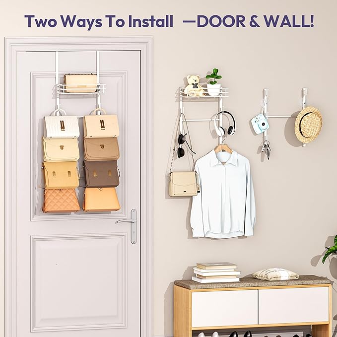 SWTYMIKI Over The Door Purse Organizer - Wall Mounted Handbag Organizer with 10 Hooks and Metal Basket, Hanging Purse Storage