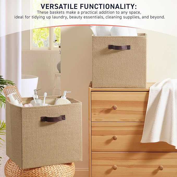 Ornavo Home 10.5 x 10.5 Storage Cube Bins, 6 Pack Jute Baskets, Fabric Storage Bins Shelf Basket Cube Organizer for Closet Fo
