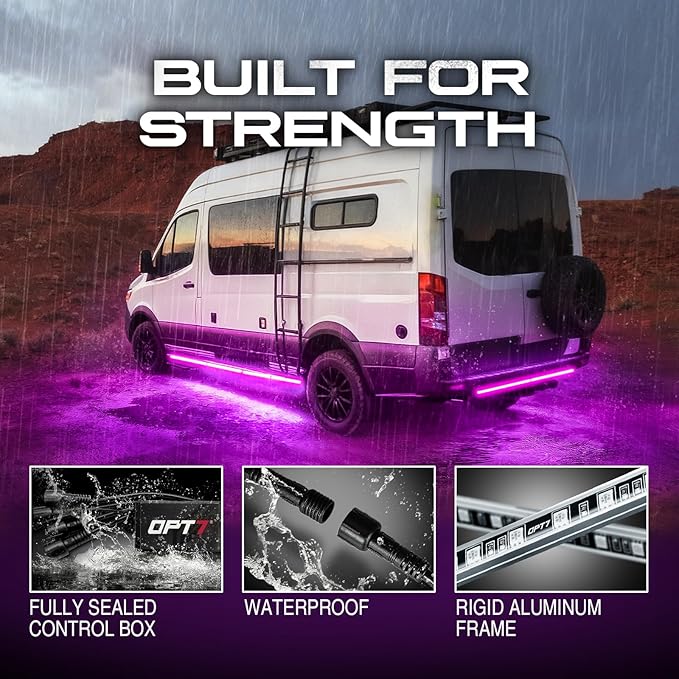 OPT7 Aura Aluminum Underglow for RV Exterior Lights w/Remote Control, 12V LED Waterproof Light Bars, Camper Van Neon Underbody Lighting Kit, RGB Multicolor Motorhome Travel Trailer Decoration