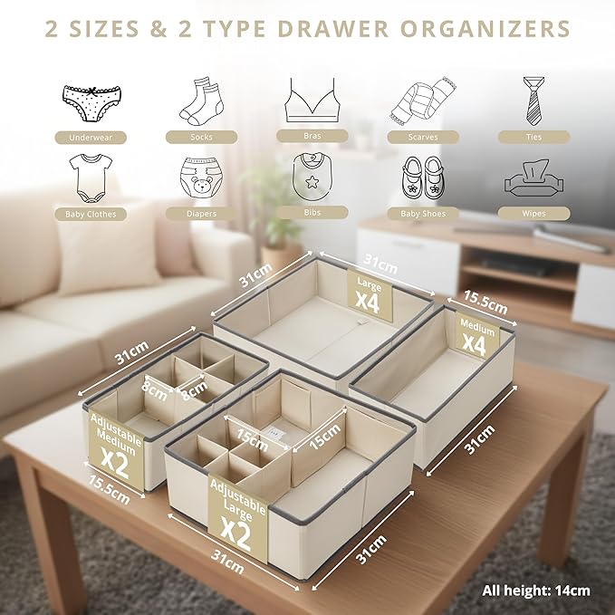 DECOMOMO Drawer Organizer for Baby – Clothes Organizer & Storage Dividers for Nursery, Storage Bins for Underwear, Bra, Socks