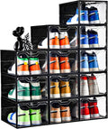 Stebopum 12 Pack Stackable Shoe Storage Organizer with Magnetic Door, Shoe Boxes Clear Black Plastic for Closet, Shoe Rack fo