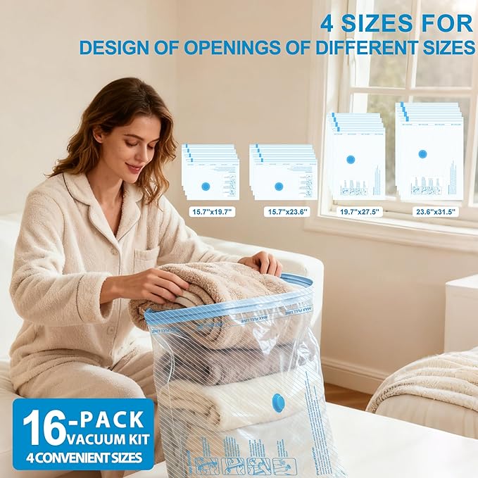 ANBIUX Vacuum Bags for Travel with Rechargeable air Pump, 16 Pack Carry-on Size Compression Packing Bags for Luggage and Suit
