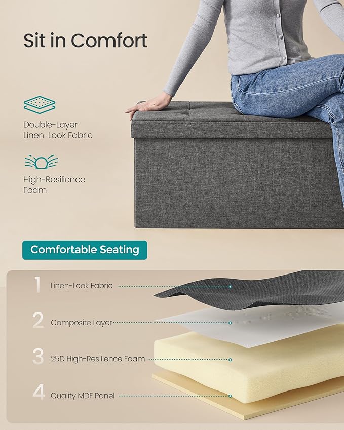 SONGMICS MAZIE Collection - 30 Inches Folding Storage Ottoman Bench, Ottoman Foot Rest, End of Bed Bench, Storage Chest, Load