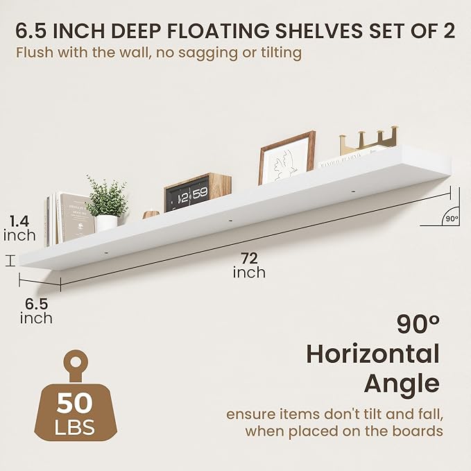 72 Inch Floating Shelves | 6.5 Inch Deep White Floating Shelves Set of 2 | 72" W x 6.5" D Rustic White Wood Wall Shelves with