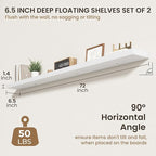 72 Inch Floating Shelves | 6.5 Inch Deep White Floating Shelves Set of 2 | 72" W x 6.5" D Rustic White Wood Wall Shelves with