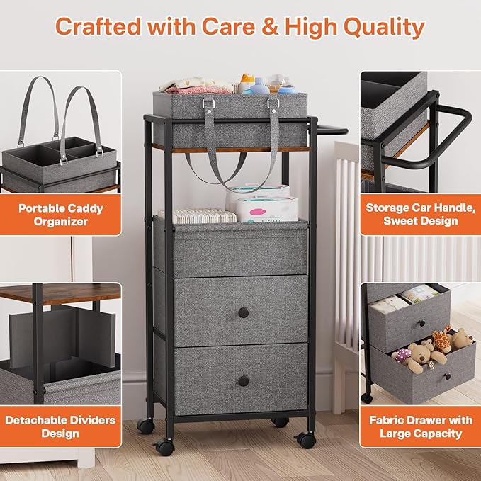 Modanais Baby Diaper Caddy Organizer Cart with Drawers - 3In1 Rolling Storage Cart with Wheels, Removable Diaper Caddy, Detac