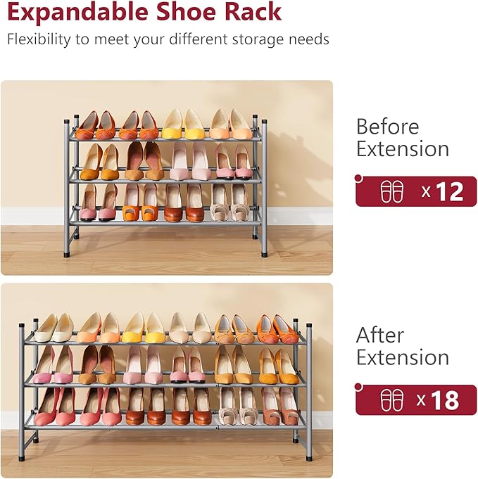 Tajsoon Expandable Shoe Rack for Closet 3 Tier, 28“-41“Adjustable & Stackable Shoe Shelf Storage, Metal Shoe Rack Organizer f